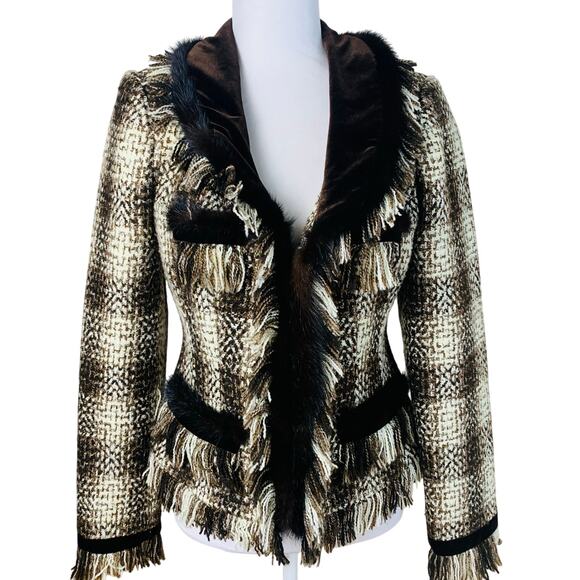 Cache Vintage 6 Size Women's Faux Fur Velvet Fringe Plaid Jacket Fall Boho - Picture 1 of 13